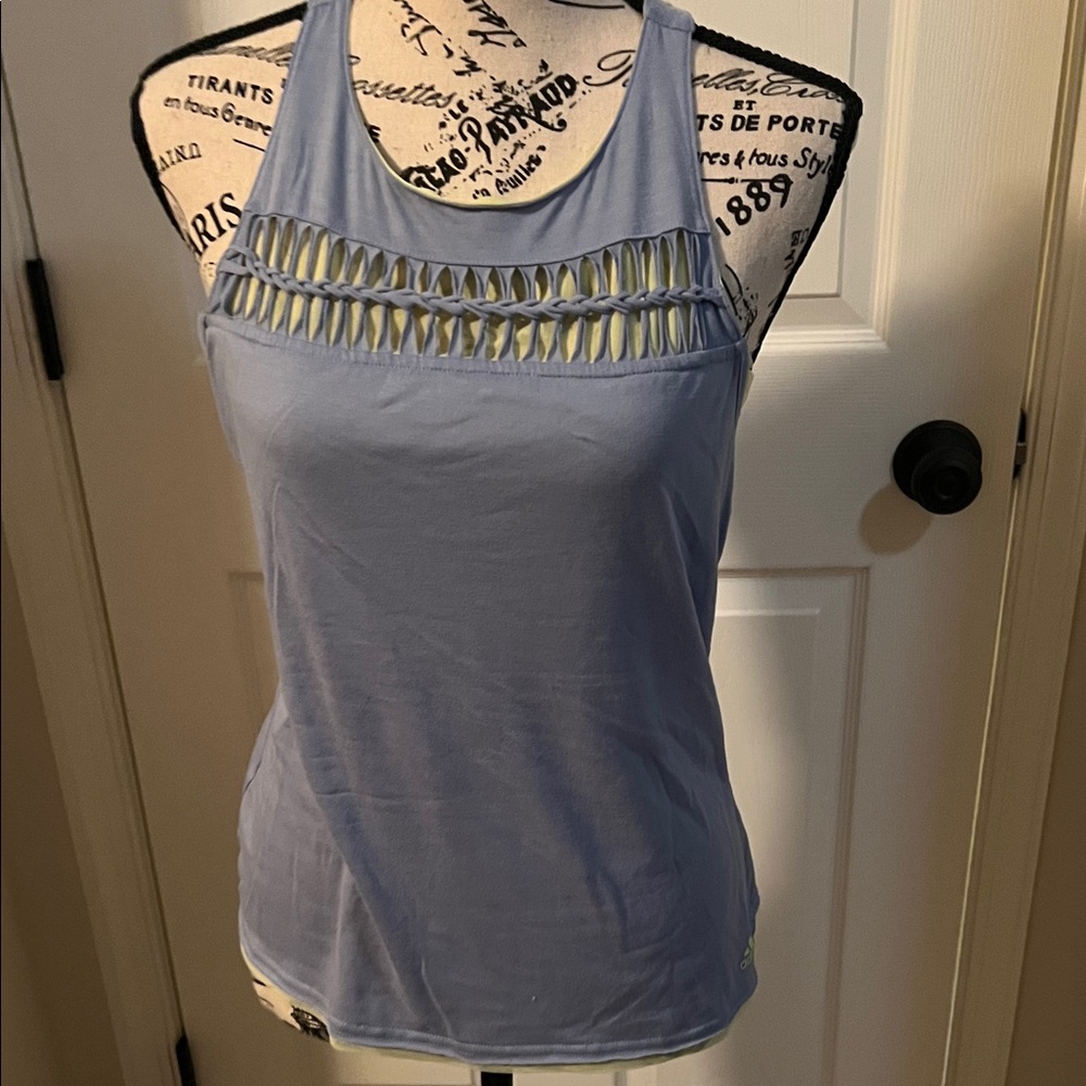 Adidas Light Blue and Green Tank Top with Cutout Design & Shorts Tennis